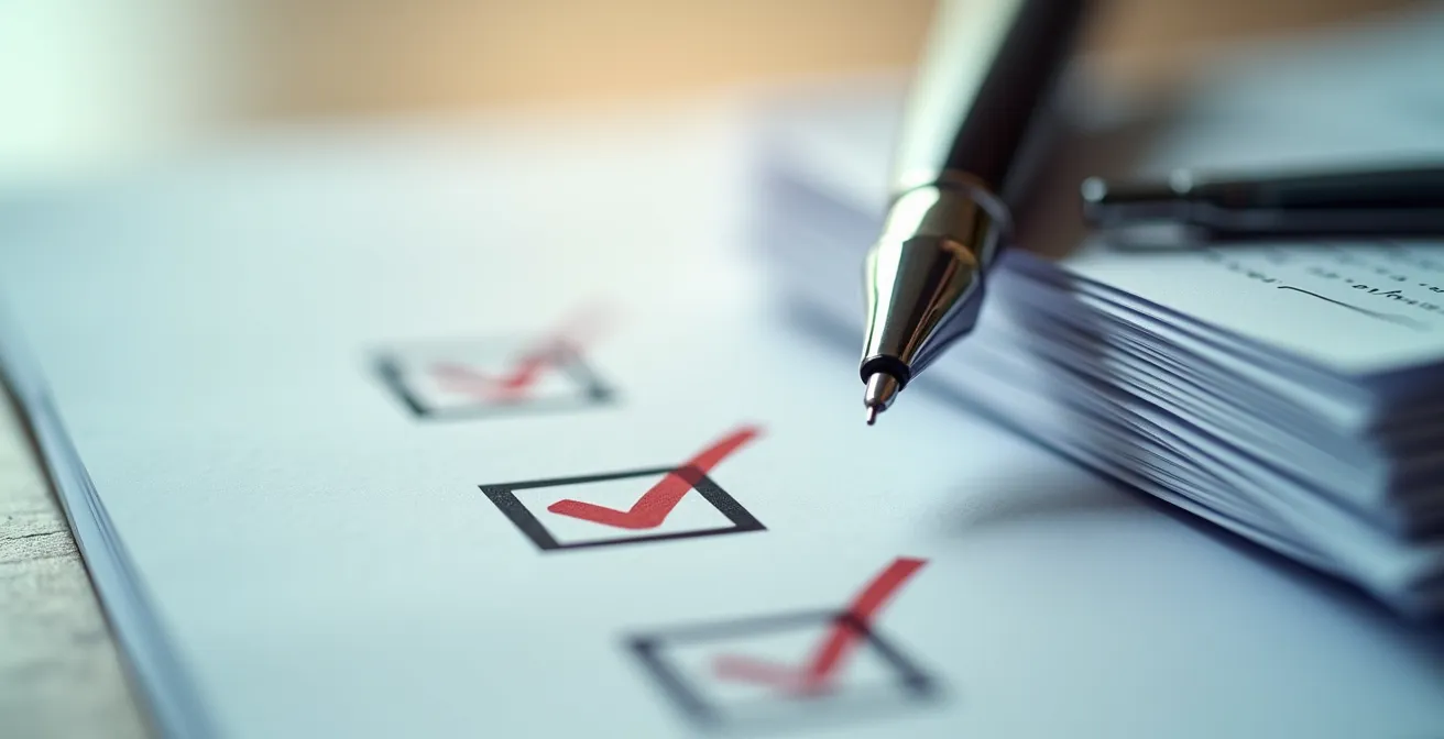 Vue macro de documents administratifs empilés avec une checklist floue et un stylo posé dessus