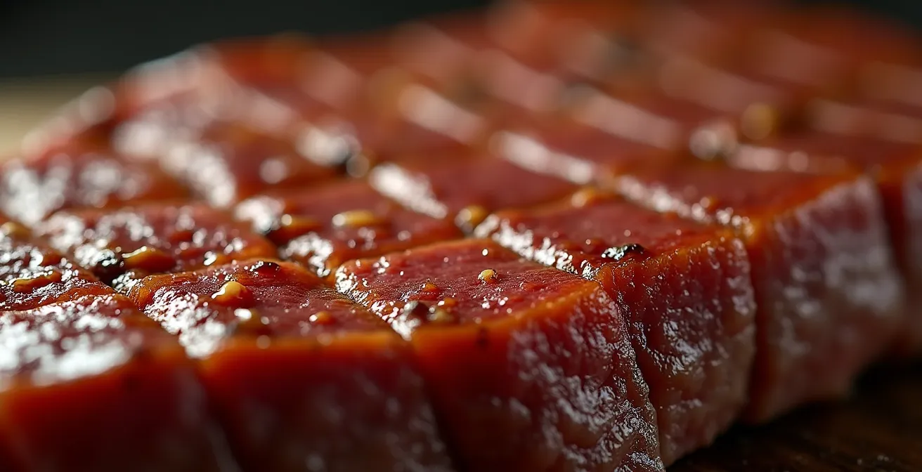 Gros plan macro sur la surface caramélisée d'un morceau de bœuf avec croûte dorée brillante