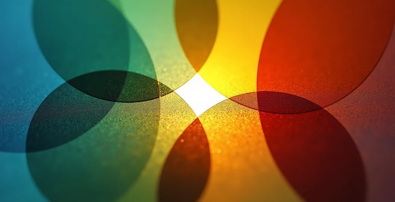 Vue macro de quatre cercles colorés qui se chevauchent, créant une zone centrale lumineuse, symbolisant la recherche de la vocation avec le concept de l'Ikigai.