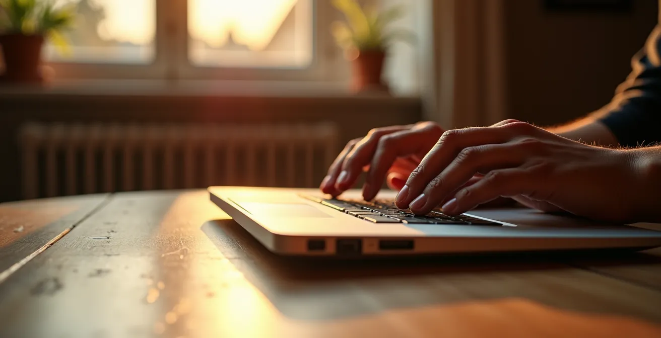 Mains fermant délicatement un ordinateur portable sur un bureau domestique au crépuscule