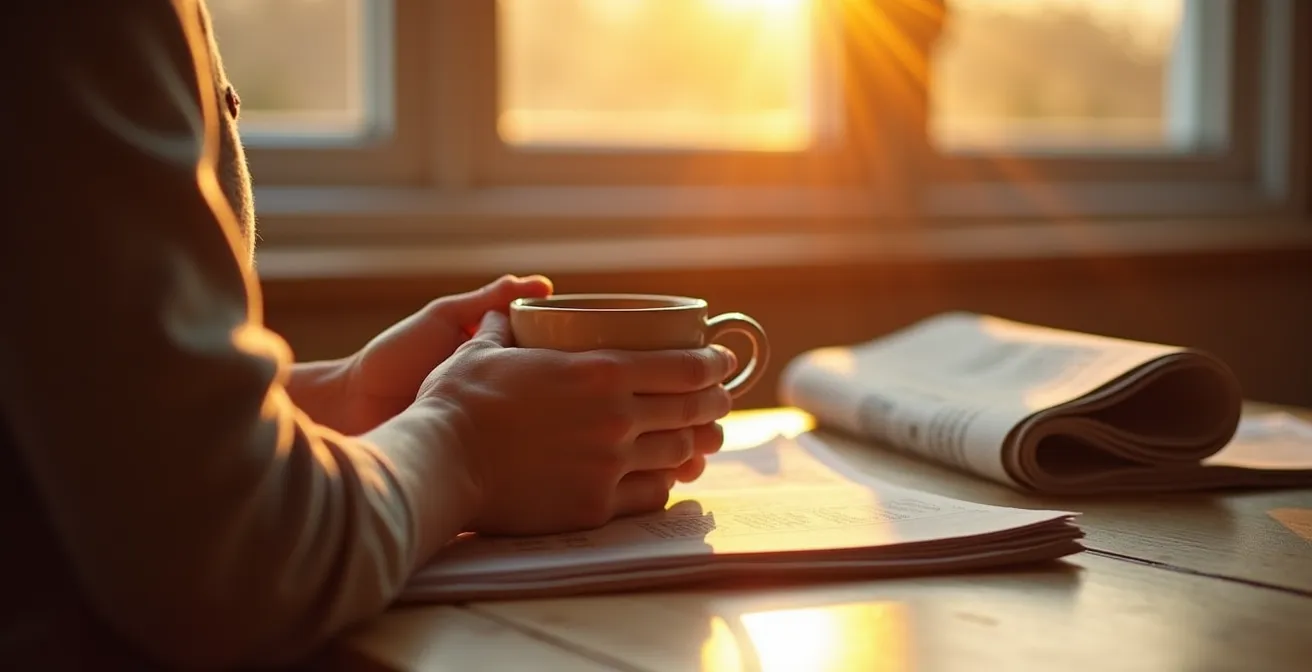 Scène matinale paisible avec tasse de café près d'une fenêtre ensoleillée, journal papier fermé sur la table