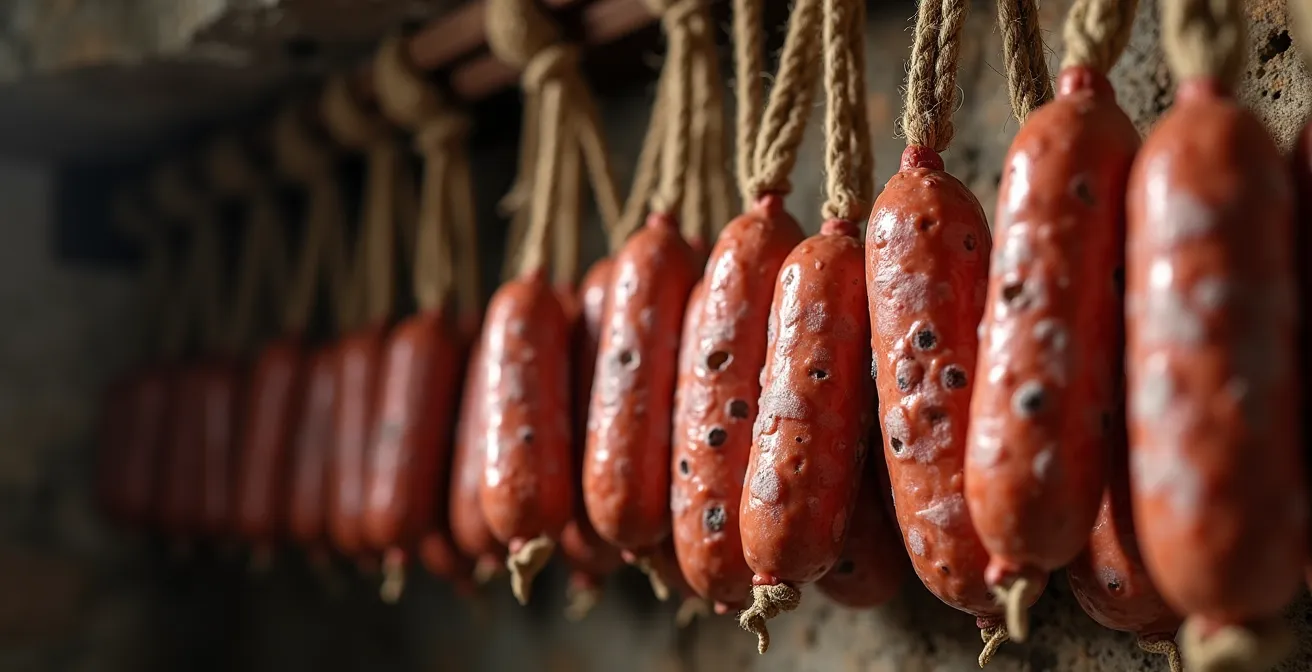 Saucissons artisanaux suspendus dans une cave d'affinage traditionnelle avec leur fleur blanche naturelle