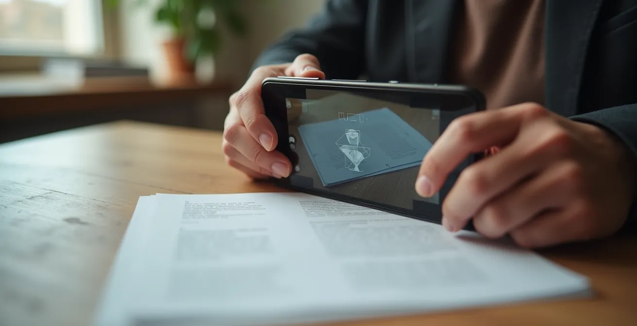 Main tenant un smartphone au-dessus d'un document posé sur un bureau en bois, éclairage naturel par fenêtre
