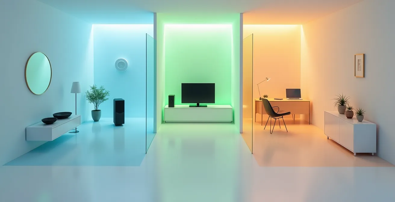 Schéma conceptuel de segmentation réseau domestique avec zones isolées pour différents appareils