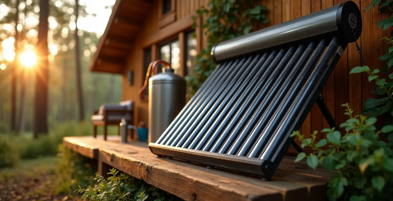 Installation de système de chauffage d'eau écologique avec panneaux solaires et réservoir dans un cadre naturel