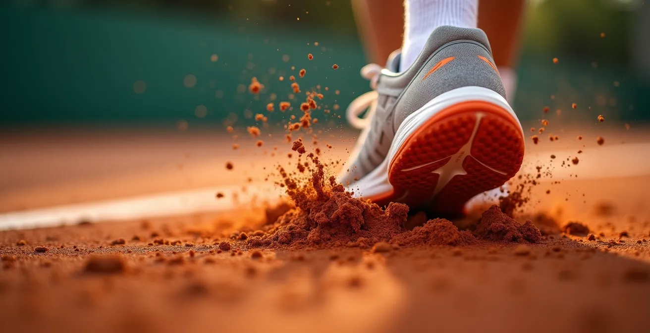 Détail des appuis d'un joueur en fin de glissade sur terre battue