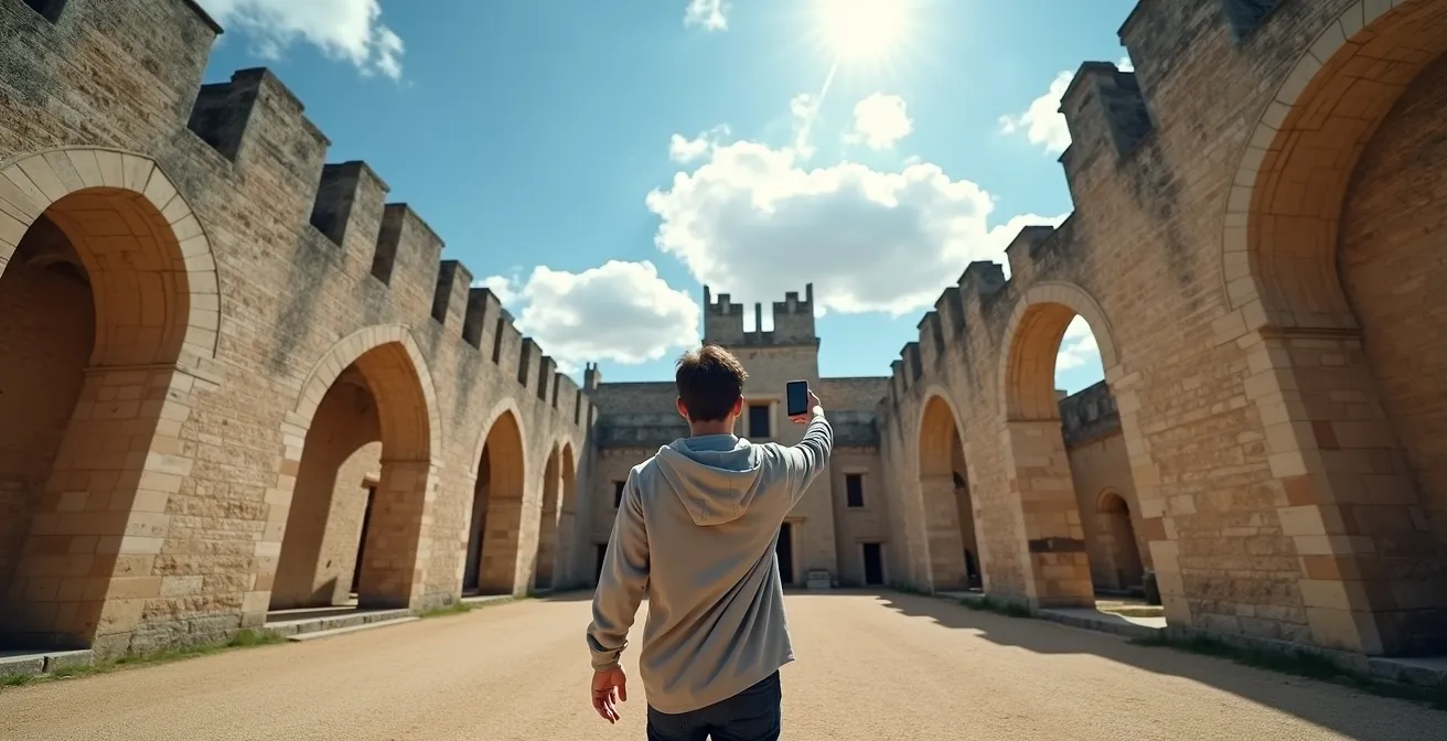 Visiteur dans un château médiéval utilisant son smartphone pour comparer les époques