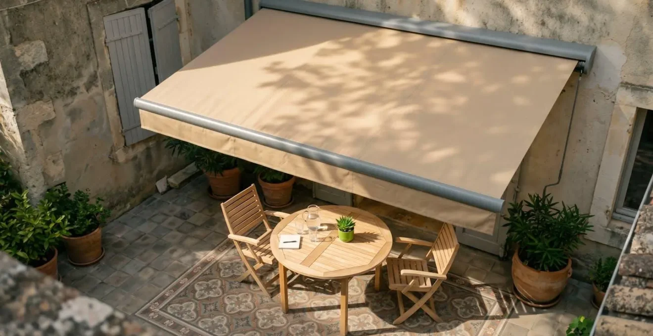 Cour carrelée transformée en salle à manger extérieure avec un store banne aluminium beige.