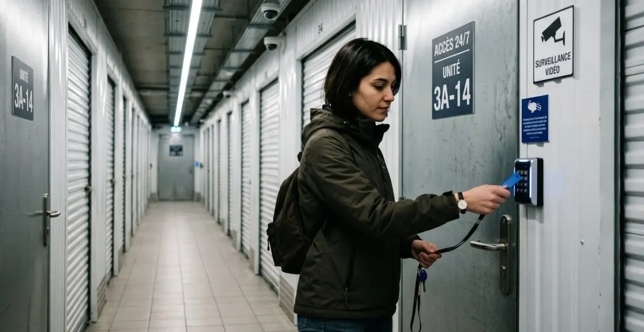 Jeune femme accédant à son box de stockage en soirée dans un couloir sécurisé, lumières LED allumées, clé badge en main