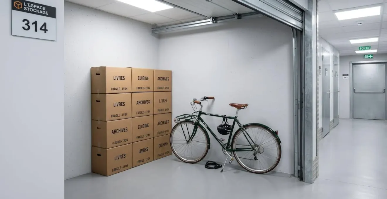 Intérieur propre d'un box de stockage à Lyon avec un vélo et des cartons soigneusement empilés, éclairé par une lumière LED blanche