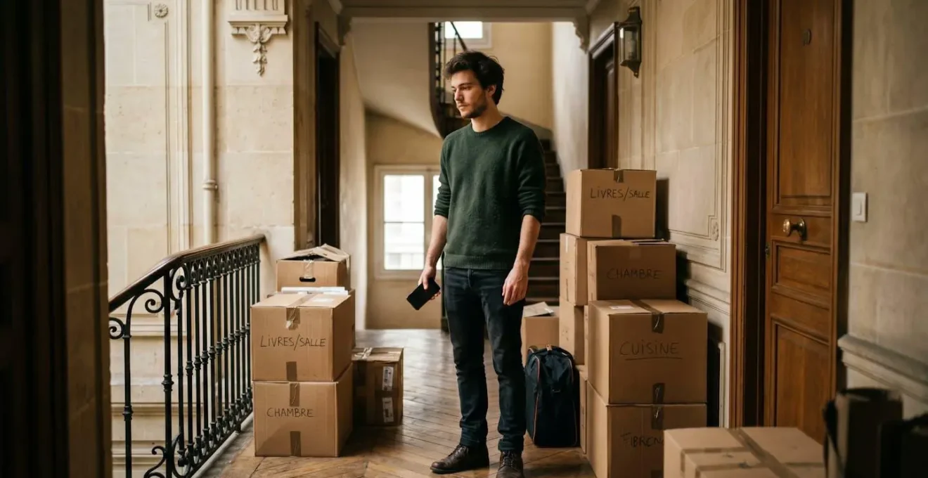 Jeune étudiant lyonnais entouré de cartons dans un couloir d'immeuble, l'air concentré, en train d'organiser son déménagement
