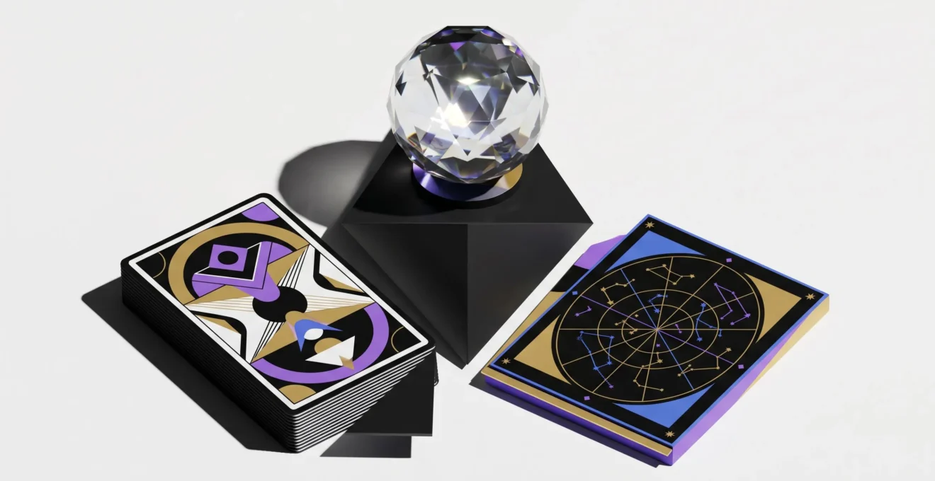 Trois outils de divination - tarot, sphere et carte celeste - representant les differentes pratiques