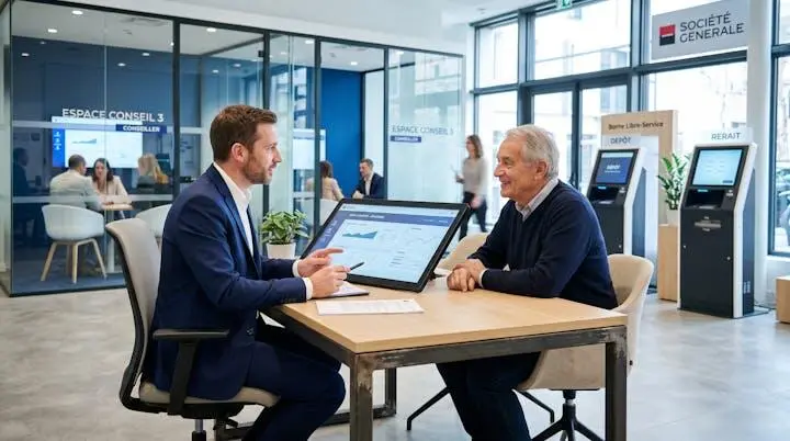 Intérieur d'une agence bancaire française moderne avec un conseiller discutant avec un client senior devant un écran, illustrant la coexistence des services traditionnels et digitaux
