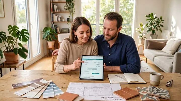 Un couple de trentenaires consulte une simulation de crédit sur tablette à leur table de salon, avec des échantillons de matériaux de rénovation visibles, dans un intérieur contemporain lumineux